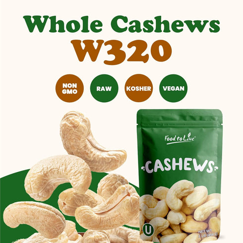 Food to Live Raw Cashews, 8 Ounces – Deluxe Whole Nuts, Unsalted, Unroasted Fancy Snack, Size W-320, Kosher, Vegan, Bulk, A good source of Magnesi...