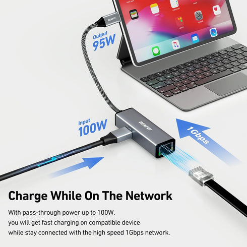 BENFEI USB-C to Ethernet Gigabit Adapter with 100W Power Delivery, Thunderbolt 3/4 to RJ45 Ethernet LAN Network Adapter Compatible with iPhone 15 ...