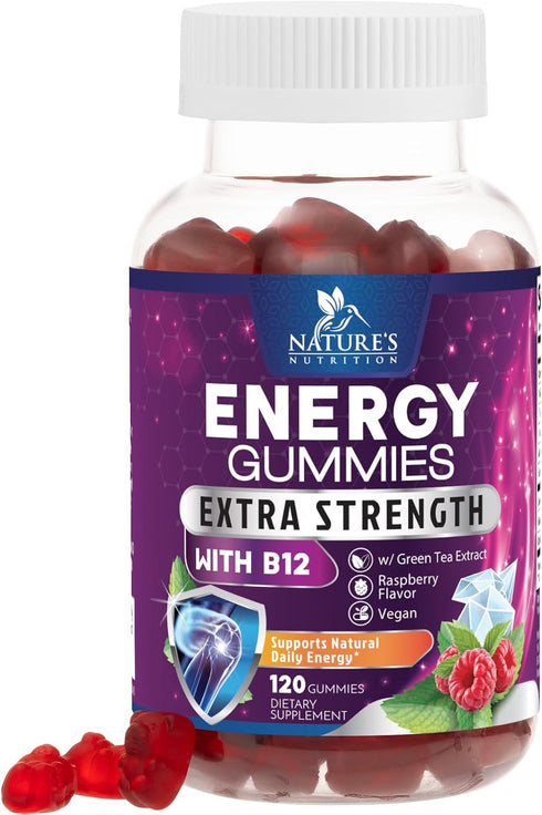 Energy Gummies Vitamin B12, Green Tea & Natural Caffeine Support, Extra Strength 1000 mcg Daily Energy Vitamins, Delicious Berry Flavor Gummy Chew...