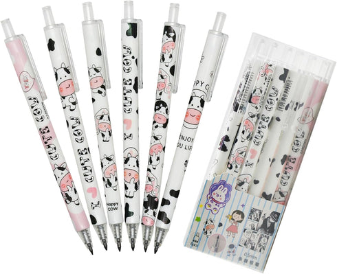 Maydahui 12Pcs Cartoon Milk Cow Eternal Pencils Retractable HB 0.5mm Cow Print Everlasting Pencils Magic Inkless Pencil for Student Teacher School...