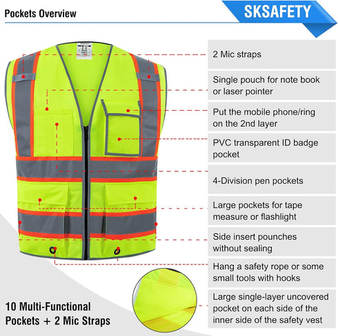 SKSAFETY 10 Pockets Safety Vest, Class 2 High Visibility Security with Zipper Back Mesh, Hi Vis Vest with Reflective Strips, ANSI/ISEA Standard, C...