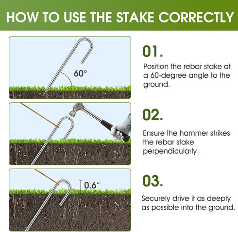J-Hook Galvanized Rebar Stakes, 12 Inches Long Heavy Duty Ground Anchors for Camping, 4 Pack Reusable Anti-Rust Steel Ground Stakes for Gardens, L...