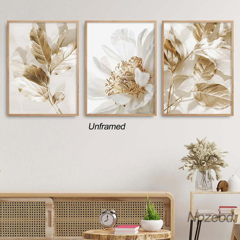 Abstract Golden White Flower Leaves Wall Art Posters Nordic Beige Canvas Painting, Modern Plant Landscape Prints Picture for Living Room Home Deco...