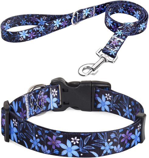 Dog Collar and Leash Set for Small Dogs, with Floral Print, Soft Comfortable Adjustable Collar for Small Medium Large Dogs, Floral Pattern for Gir...