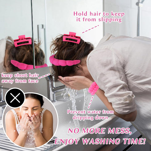 Wecoe Pink Rose Red Spa Headband And Wristband Set Skincare Headband For Washing Face Hair Claw Clips For Thick Hair Cute Puffy Sponge Bubble Make...