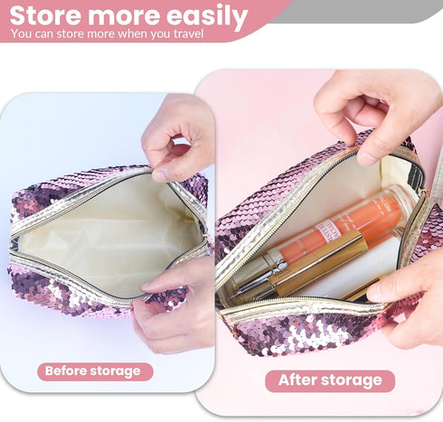 Magic Sequin Travel Cosmetic Bags Reversible Glitter Makeup Organizer Bag Purse for Women(Pink)...