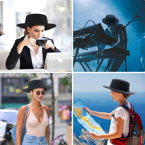 Fashion Classic Black Fedora Flat Hat, Wide Brim Jazz Hats Church Derby Cap for Women and Men...