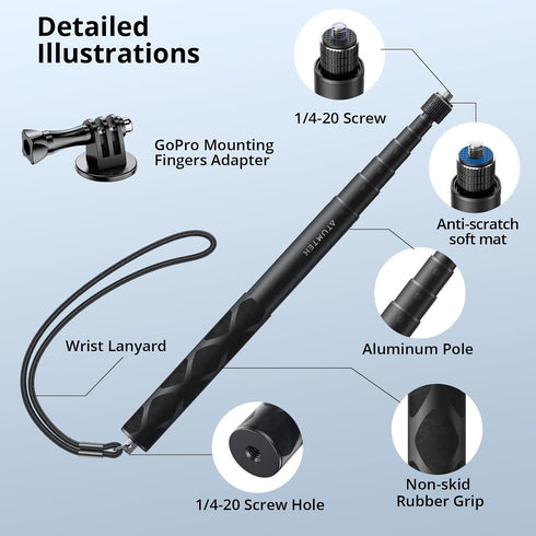 ATUMTEK 150cm Invisible Selfie Stick, 1/4" Extendable Monopod Pole, Solid and Compact Design for Insta360, for GoPro, DJI, Action Cameras (Buckle ...