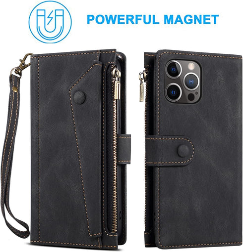 Phone Case for iPhone 11 Pro Max 6.5 Wallet Cover With Tempered Glass Screen Protector and Shoulder Crossbody Wrist Strap Lanyard Flip Zipper Cred...