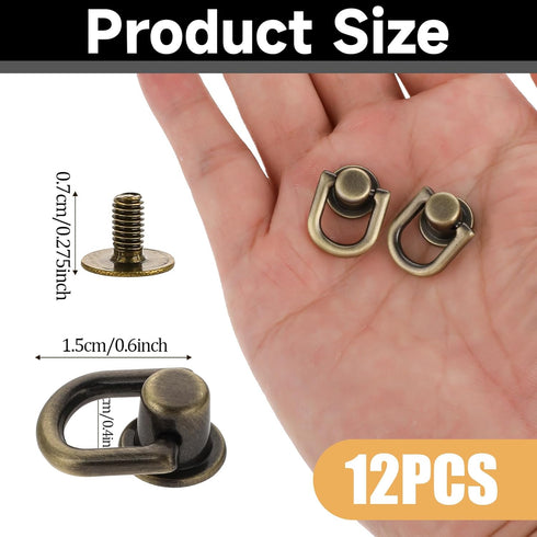 12Pcs Bronze D Ring Screw Ball Post Head Buttons Stud Screw Bronze Ball Studs Rivets with D Ring Metal Ring for Wallet Strap Shoe Accessories Leat...