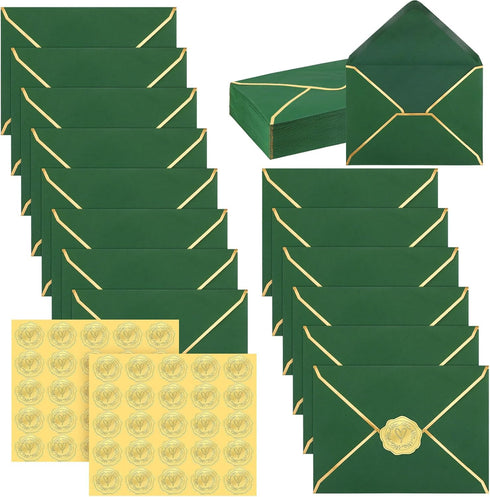 Teling 50 Pcs A7 Envelopes 5 x 7 Card Envelopes and 50 Pcs Gold Embossed Wax Seal Envelopes Self Adhesive V Flap Envelopes with Gold Border for Gr...