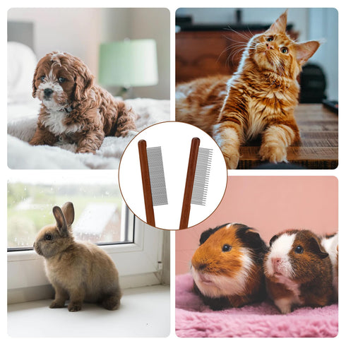 2pcs Grooming Comb for Pets, Solid Wood Cat Combs with Narrow Rounded-Tip Steel Teeth Pet Hair Comb Metal Flea Lice Comb for Cats Dogs Small & Med...