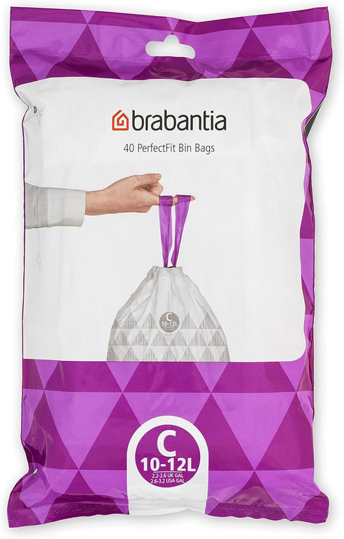 Brabantia PerfectFit Trash Bags (Size C/2.6-3.2 Gal) Thick Plastic Trash Can Liners with Drawstring Handles (40 Bags)...