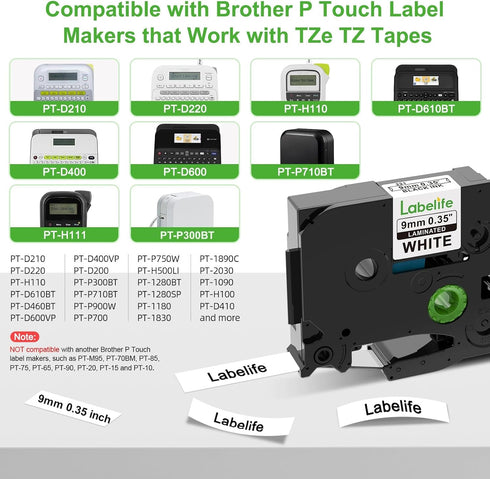 Labelife Replacement for Brother P Touch Label Tape 9mm TZe-221 TZe221 TZe TZ Tape 9mm 0.35 Laminated White Compatible with Brother PT-D210 PT-D22...