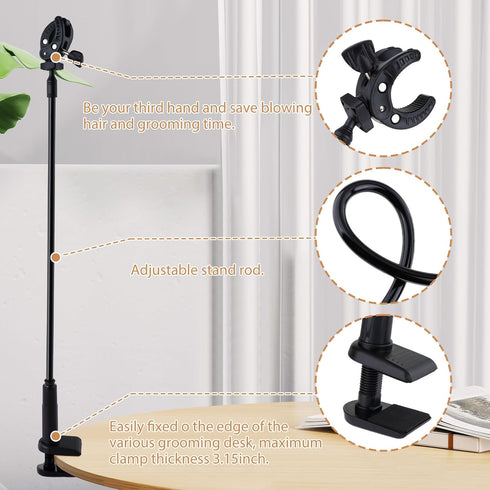 DYNWAVE Dog Hair Dryer Stand, Pet Grooming Table Hair Dryer Holder Hose Tube Holder Hands- Groomers Adjustable Third Arm with Clamp, 360 Degrees R...