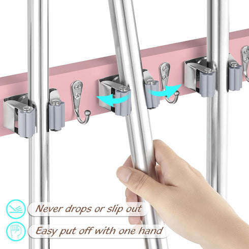 Pink Mop Broom Holder Wall Mount with 4 Slots & 4 Hooks - Wood Broom Mop Hanger for Pantry Closet Laundry Room Kitchen Organization - Pink Kitchen...