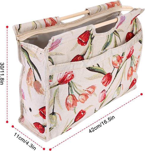 Knitting Tote Bag,Exquisite Practical Wood Handle Woven Fabric Storage Bag for Knitting Needles Sewing Tools(Red Flower)...