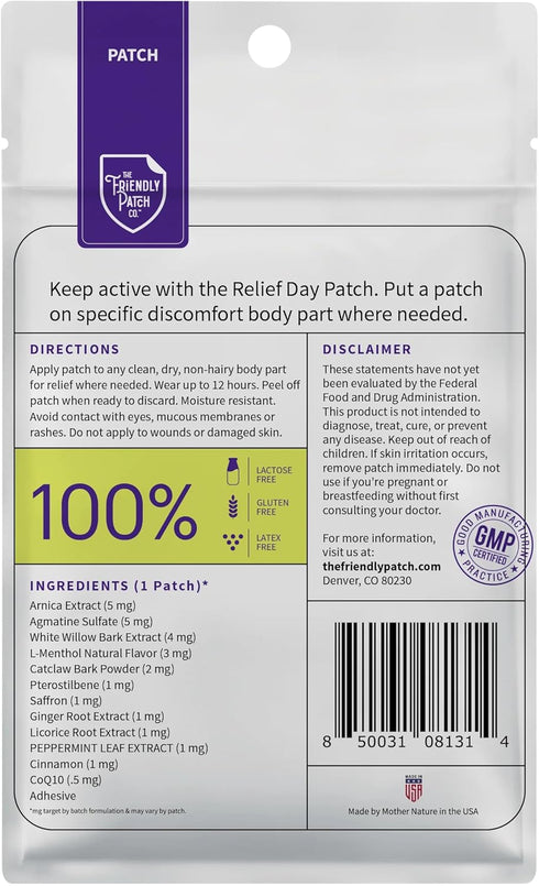 Relief Day Patch - Arnica, White Willow Bark, Saffron & Peppermint for Soreness and discomfort for Women and Men...