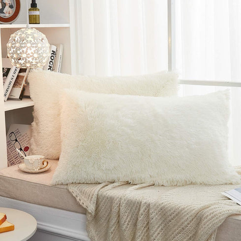 JAUXIO Long Faux Fur Soft Soild Decorative Pillowcase Oblong Fluffy Throw Pillow Cover Velvet Shaggy Plush Cushion Case Set of 2 Zipper Closure Ki...