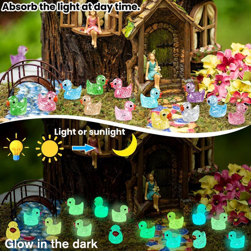 Luminous Glitter Tiny Ducks 100pcs Mini Little Resin Ducks Figures Glow in The Dark Ducks Animal to Hide Small Ducks Bulk for Dollhouse Micro Doll...