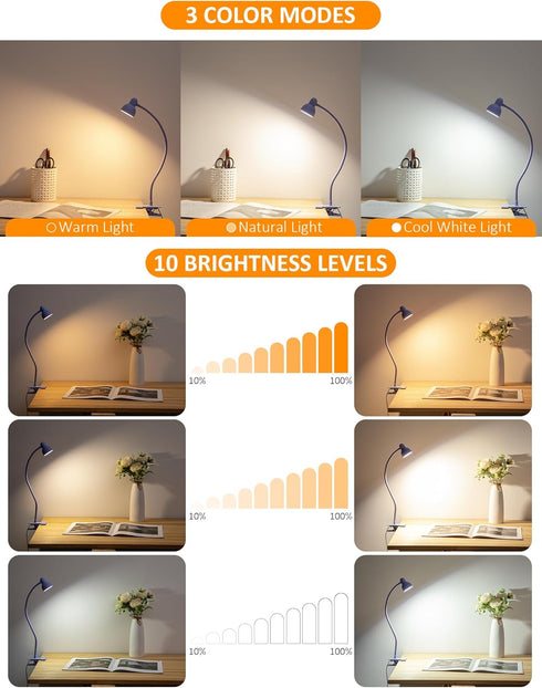 Clip on Lamp USB Reading Light, 3 Color Modes, 10 Brightness Dimmable, Flexible Gooseneck Desk Lamp with Clamp, Eye Care Clip on Light for Bed Hea...