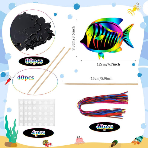 Motionchic 80 Pieces Tropical Fish Scratch Card for Kids Rainbow Ocean Fish Paper Crafts Sea Animal Ornament Under The Sea Party Favors with Woode...