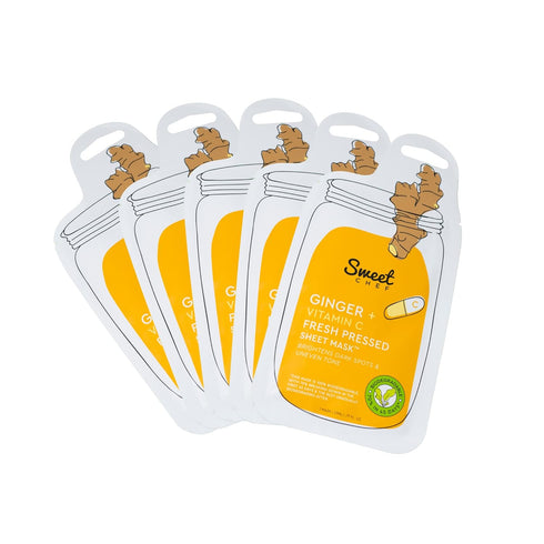 Sweet Chef Ginger + Vitamin C Fresh Pressed Beauty Sheet Masks - 100% Biodegradable - Brighten Dark Spots & Uneven Skin Tone - Vegan Natural Skinc...