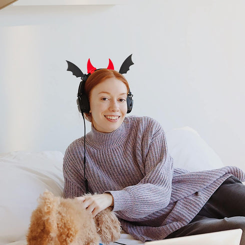 RUKUHOT Halloween Black Bat Wings + Red Devil Horns Headphone Attachment, Bat Devil Horns Headband Headset Decor, Cosplay Props Bat Wing for Hallo...
