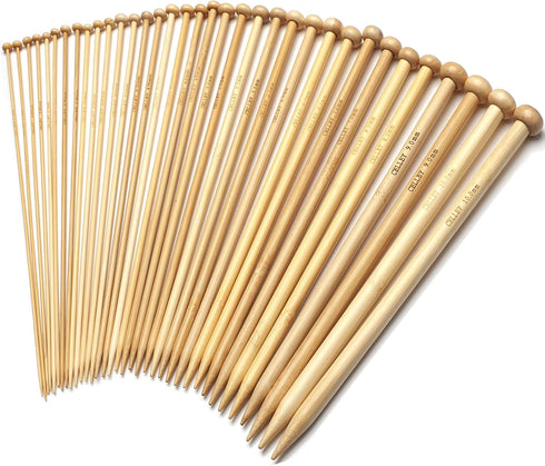Bamboo Knitting Needles Set, 18 Pairs 14 Inch Long Wooden Knitting Needles for Beginners, US Size 0-15 (2.0-10.0mm) Single Point Straight Wood Nee...