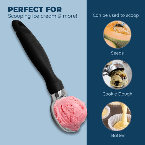 Deluxe Ice Cream Scoop with Soft Grip Handle & Lid Opener, Stainless Steel & BPA Free Heavy Duty Scooper Tool for Kitchen - Black...