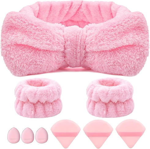 9PCS Spa Headband and Wristband Clean Set, Includes Makeup Sponges and Face Triangle Powder Puff Skincare Beauty Blender for Washing Face,Women Gi...