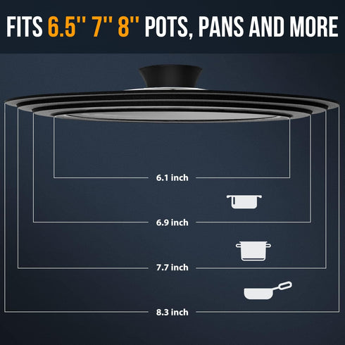 Universal Lid for Pots, Pans and Skillets & Frying Pan - Small Pan lids Fits 6.5", 7" and 8" Diameter Cookware - Tempered Glass with Heat Resistan...