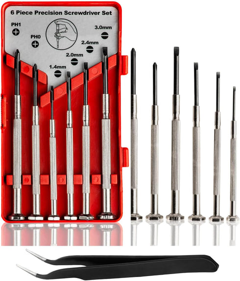Mini Screwdriver Set Plus Tweezer, 7 PCS Total, Small Screwdriver Set with 6 Different Size Flathead and Phillips Screwdrivers, Precision Screwdri...