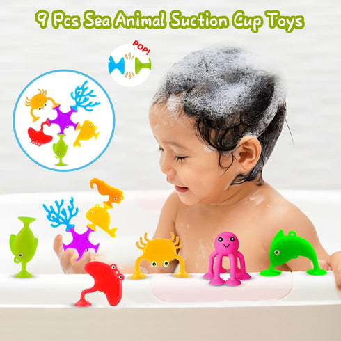 Baby Bath Toys for Kids Ages 1-3, 9 Pcs Sensory Suction Cup Toys+4 Pcs Light Up Floating Ocean Animal Bathtub Toy Set for Babies 6-12 Months, Todd...