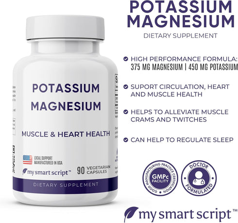 Potassium Magnesium Supplement - 450mg Potassium, 375mg Magnesium - Natural Ingredients, Fast Absorption, Easy to Take - Vegan, Non-GMO, Zero Glut...