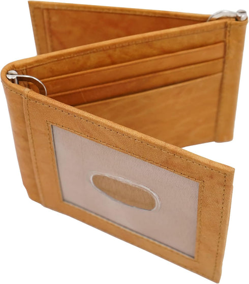 Men's Cowhide Trifold/Bifold Double Money Clip Wallet (Z Money Clip) (Tan Outside ID)...