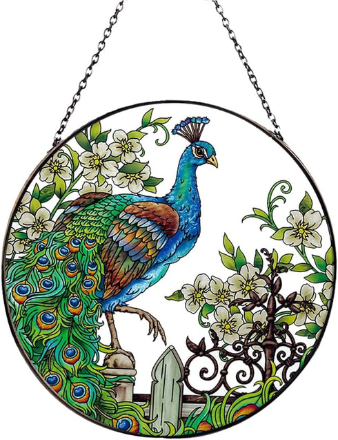 Peacock Stained Glass Suncatcher Window Wall Hanging Decor Ornament 6.5''*6.5'', Hand-Painted Sun Catcher Glass Panel Decor Art Home Garden Decor ...