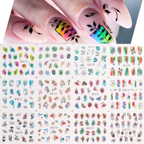 24 Sheets Summer Flowers Nail Art Stickers, Holographic Flower Leaf Nail Water Transfer Decals Designs, Floral Leaves Nail Art Sticker Supplies fo...