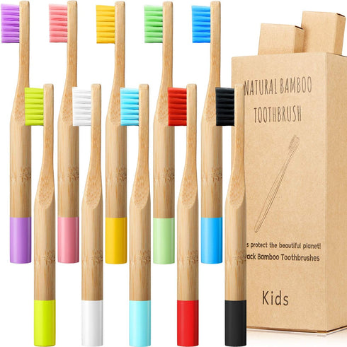 10 Pieces Kids Bamboo Toothbrush Natural Soft Bristle Toothbrush Wooden Toothbrushes Toddlers Adults Natural Wood Organic Toothbrush BPA-Free Colo...