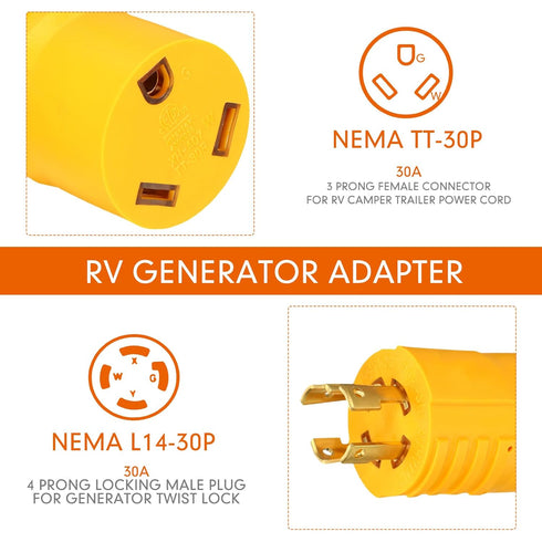 30 Amp RV Generator Adapter Compatible with NEMA L14-30P to TT-30R 30 Amp Twist Lock 4 Prong Male Generator Plug to 3 Prong Female Receptacle Heav...