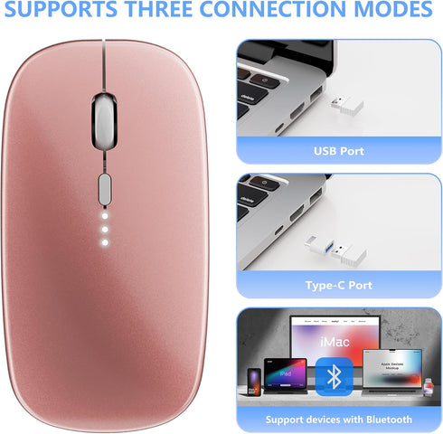 Slim Rechargeable Wireless Silent Mouse – 2.4G Wireless & Bluetooth Technology - Flexible Connection Modes via Bluetooth, USB or Type C for Laptop...