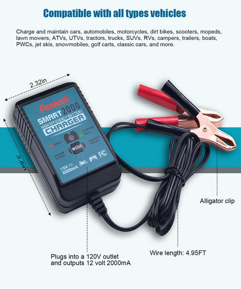 12V, 2-Amp Fully Automatic Battery Charger & Maintainer for Car, Lawn Mower, ATV, Motorcycle, Boat, Marine Lithium(LifePO4) and AGM, Deep Cycle Le...