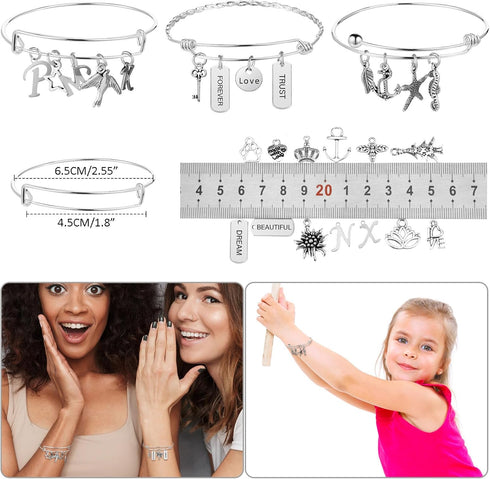 363 Pcs Silver Expandable Bangle Bracelets Charm Bracelets DIY Kit, 17 Pcs Adjustable Wire Bangles, 146 Pcs Charms Pendants, 200 Pcs Open Jump Rin...