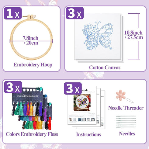 MRHMX ART Embroidery Kit Butterfly Flower Pattern 3 Sets for Beginners,Stamped Cross Stitch kits for Adult,Hand Cross Stitch Kits Women with Embro...
