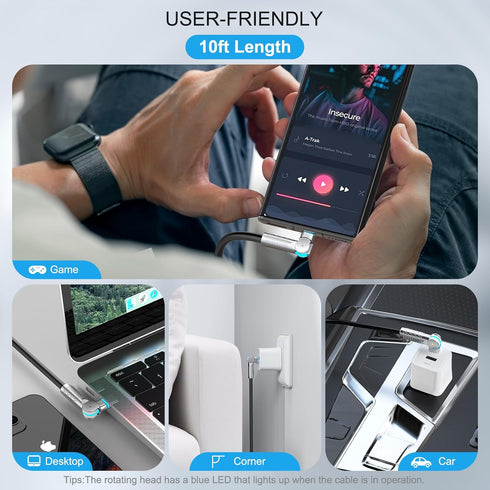 USB C to USB C Cable 240W 10FT, 180° Rotating Head with LED Type C Charger Cable Fast Charge for iPhone 15/15Pro/15Plus/15ProMax,MacBook Air,iPad ...