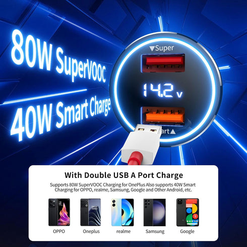 Car Charger SuperVOOC 80W for OnePlus 12R 12 11 10t 10 Pro, SuperVOOC Warp Charger for OnePlus Open Pad Nord 9 Pro 8 7T 6 6T 5 5T LED Display Dual...