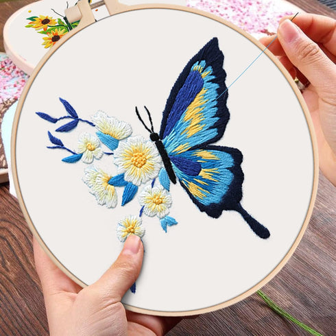 tyrixma 3 Sets Embroidery Starter Kit with Butterfly Flower Pattern for Beginners, Cross Stitch Kits for Adults with 3 Embroidery Hoops, Color Thr...