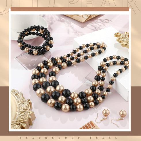 3 Pcs Women's Simulated Faux Three Multi Strand Pearl Statement Necklace Earring and Bracelet Costume Jewelry Set...