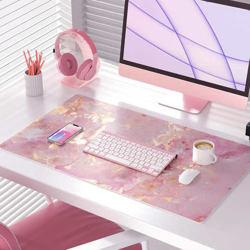 QIYI Large Mouse Pad, Cute Pink Desk Mat for Desktop, Women Girls PU Leather Waterproof Gaming, Rose Gold Marble Computer PC Laptop Protector Writ...