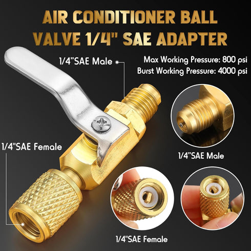 4 Pcs Air Conditioner Ball Valve and Quick Coupler Access Tee 1/4" SAE Adapter Kit Valves Core Tee Adapter with Swivel Connector and Straight Refr...